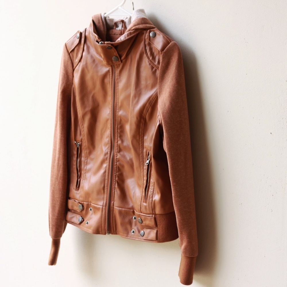 Miss London brown leather jacket w/ hood